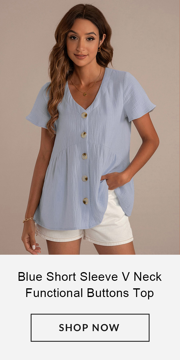 Blue Short Sleeve V Neck Functional Buttons Top SHOP NOW 